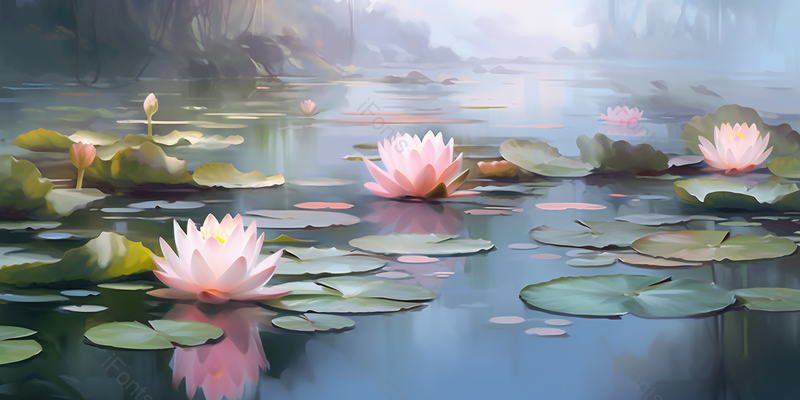 绿色清爽夏天山林间野塘荷花在池塘里绽放中国风背景插画,插画/手绘图,插画/手绘图库,插画/手绘图下载,插画/手绘